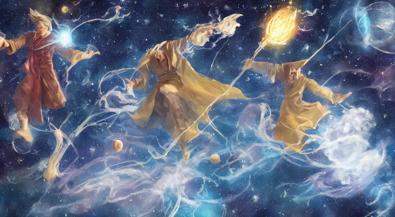 Prompt: a wizard wielding magical powers while floating in space, realistic, detailed,