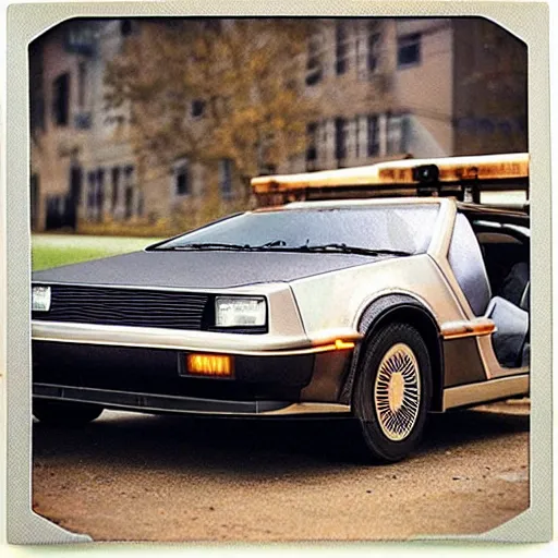 Image similar to wooden delorean, delorean made out of wood, old polaroid