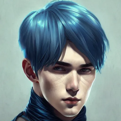 Prompt: young man, blue hair, short hair, elegant, tired, intricate, artstation, digital painting, highly detailed, sharp focus, by artgerm and greg rutkowski and alphonse mucha