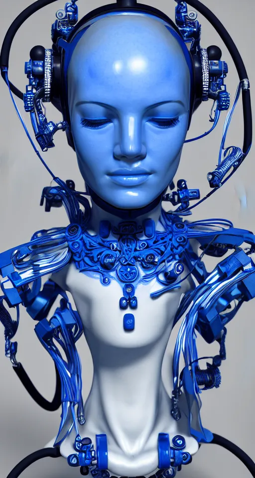 Image similar to portrait of a graceful cyborg, made of porcelain of delft, blue of delft, mechanical details, fluid cable, octane, 8 k resolution, detailed, realistic