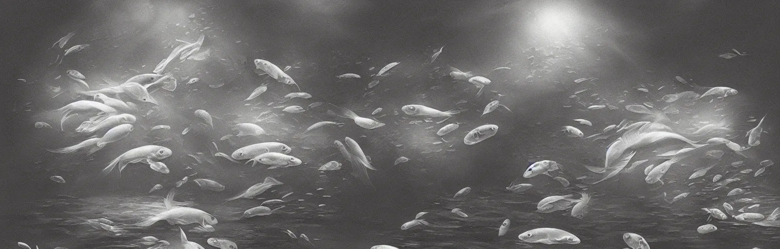 Prompt: An aesthetically pleasing, dynamic, energetic, lively, well-designed digital art of goldfish in a pond viewed from underwater, light and shadow, chiaroscuro, by Ohara Koson and Thomas Kinkade, superior quality, masterpiece, excellent use of negative space. 8K, superior detail, widescreen, traditional Japanese.