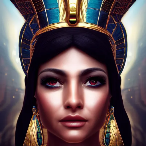 Image similar to a stunning artstation style portrait painting of an Egyptian goddess, in the style of WLOP, eyes filled with a hypnosis spiral, 8k masterpiece, cinematic lighting, pristine clean design, fantasy, insanely detailed, atmospheric