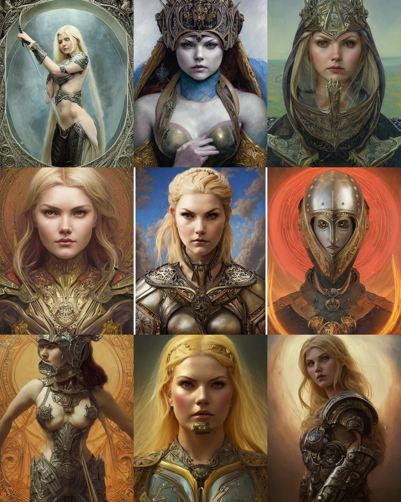 Prompt: masterpiece head-on symmetrical centered portrait, Elisha Cuthbert as a Warcraft paladin, medieval era, blonde hair, full steel armour, art nouveau, gothic, elegant, distant, in the style of Edgar Maxence and Ross Tran and Zdzisław Beksiński and Michael Whelan and Mucha and Gustave Doré, specular highlights, 8k, octane render