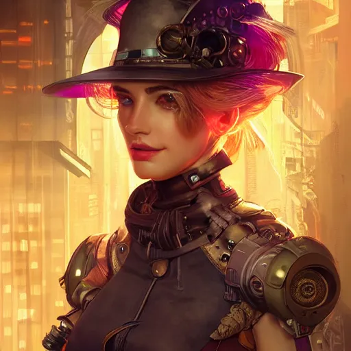 Image similar to portrait futuristic ana de armas steampunk half - cyborg cowgirl, neon light rooftop, fantasy, intricate and very very beautiful and elegant, highly detailed, digital painting, artstation, concept art, smooth and sharp focus, illustration, art by tan zi and ayanamikodon and alphonse mucha and wlop