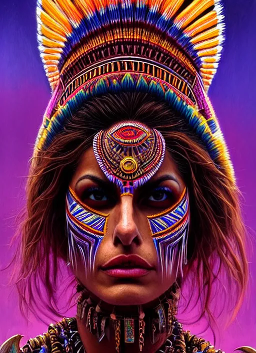 Image similar to portrait of eva mendes, hyper detailed ultra sharp aztec shaman warrior. trending on artstation, warpaint aesthetic, bloodwave, colorful, psychedelic, ornate, intricate, digital painting, concept art, smooth, sharp focus, illustration, art by artgerm and greg rutkowski and h. r. giger, 8 k