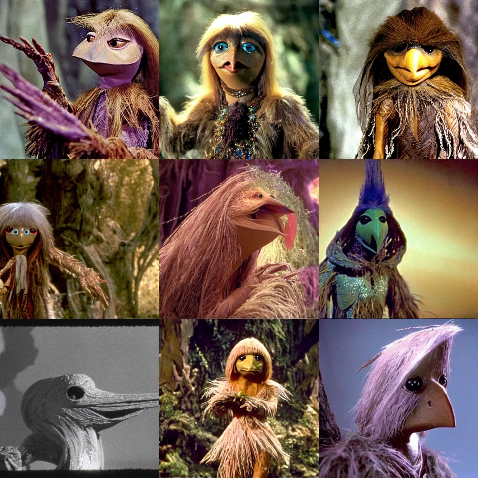 Prompt: A still of a kind humanoid bird creature in The Dark Crystal (1982)