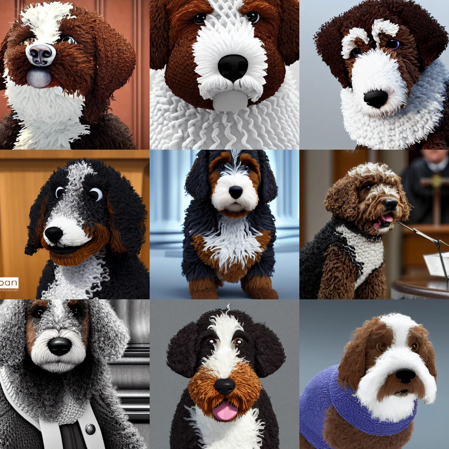 Prompt: a closeup photorealistic illustration of a knitted bernedoodle judge puppy wearing a justice gown and speaking to the courthouse. pounding the gavel. this 4 k hd image is trending on artstation, featured on behance, well - rendered, extra crisp, features intricate detail, epic composition and the style of unreal engine.