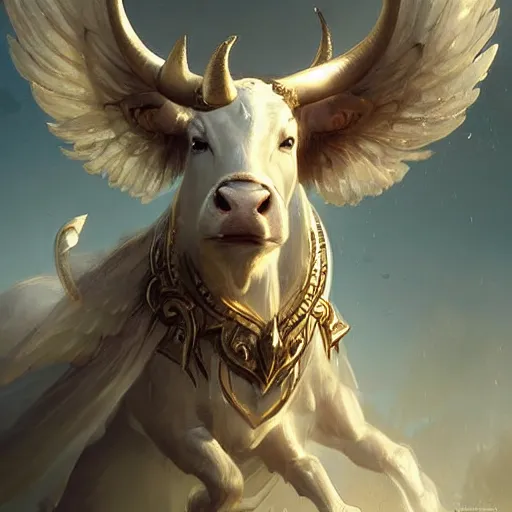 Image similar to a white bull with angelic wings and golden horns, epic fantasy digital art, fantasy style art, by Greg Rutkowski, fantasy hearthstone card art style