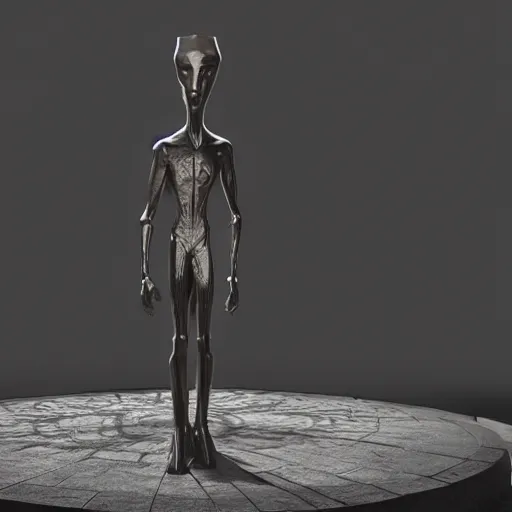 Image similar to A Really tall fancy alien Statue on a museum, unreal engine 5, octane, 4d