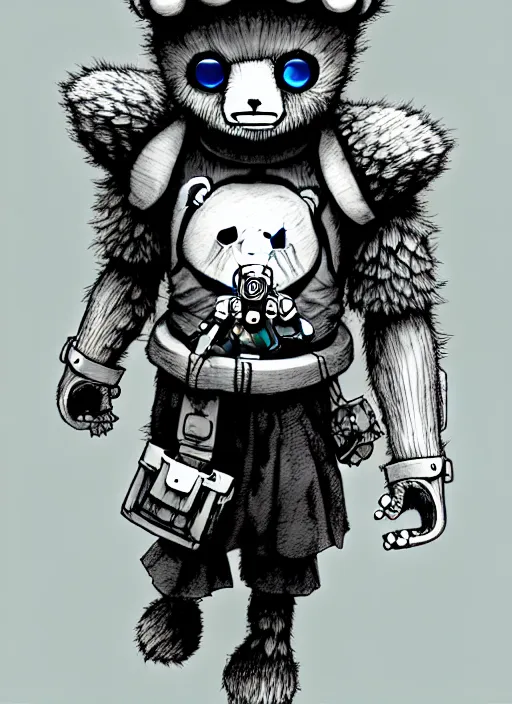 Image similar to beautiful little boy wearing an cyborg bear suit, artwork in kentaro miura and made in abyss and rosdraws, smooth, beautiful lightness, anatomically correct, trending on pixiv, forest