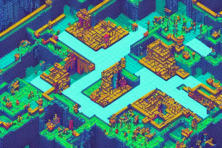 Image similar to isometric pixelart intricate flourescent complex wimmelbild illustration of dungeon room map by greg rutkowski and Ryōma Itō and dan mumford and möbius trending on artstationin the style of Ghibli and 1960s Americana Comics HQ 8K scan