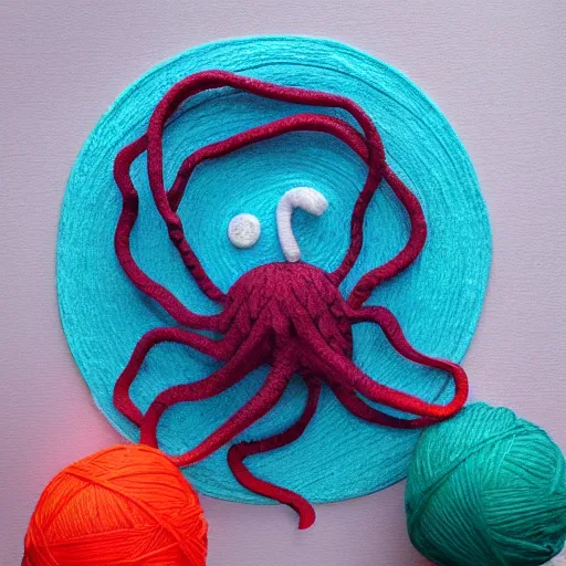 Prompt: a yarn octopus swimming in a yarn ocean under a yarn full moon