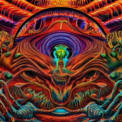 Image similar to horrifying monster in hell, maximalist, high detail, 8k, ornate, dark fantasy, realistic, masterpiece, Trending on art station, complex, Alex Grey