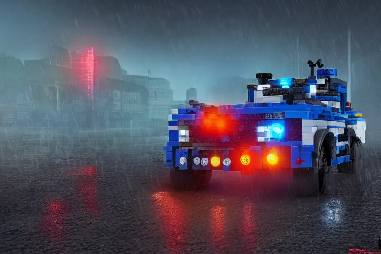 Image similar to a lego police car figure by simon stalenhag and robbert sammelin and eric persson, battlefield 4, 4 k, hd wallpaper, hdr, tonemapping, detailed, atmospheric, global illumination, majestical lighting, saturated, wet, ray tracing, anamorphic lens, chromatic aberration