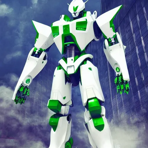 Image similar to Saudi mecha, mecha suit, green and white, epic urban bakground, Murata Yasushi Nirasawa Style, beautiful aesthetic, photorealistic, volumetric lighting, hyperrealistic, octane render, HDR, Production IG Studios Anime Style