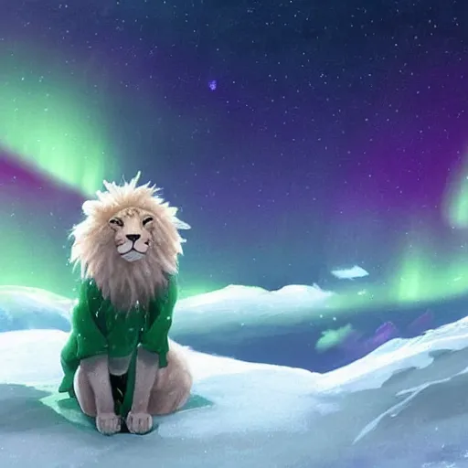 Image similar to aesthetic portrait commission of a albino male furry anthro lion in the north pole with the northern lights visible in the sky and the background while wearing a cute green jacket cozy soft pastel winter outfit, sleet rain, winter atmosphere. character design by charlie bowater, ross tran, artgerm, and makoto shinkai, detailed, inked, 2 0 2 1 award winning painting