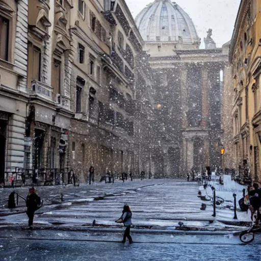 Image similar to The city of Rome under the snow on August. It's snowing everywhere on the entire cityscape of Rome under a blue sky and a very hot sun. It's crazy hot. People wear swimsuits and are very puzzled.