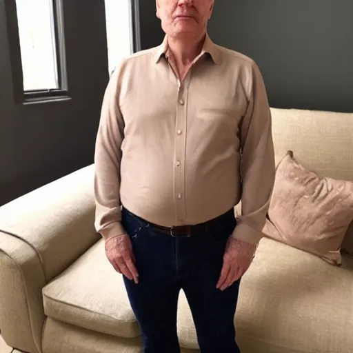 Image similar to full body photo of steve, mature male, mysterious face. he is sitting gracefully on a sofa, elegant slim beige shirt, tight shirt, big chubby belly