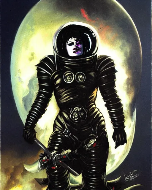 Prompt: portrait of a goth astronaut wearing armor by simon bisley, john blance, frank frazetta, fantasy, barbarian