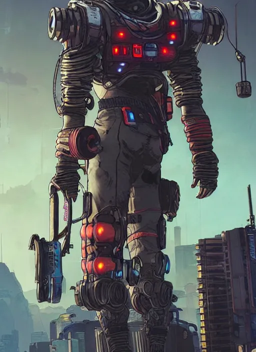 Image similar to apex legends cyberpunk weight lifter. concept art by james gurney and mœbius. cinematic, dramatic lighting ( cyberpunk 2 0 7 7 ), clean aesthetic