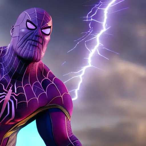 Prompt: thanos uses the snap on spider man aka peter parker