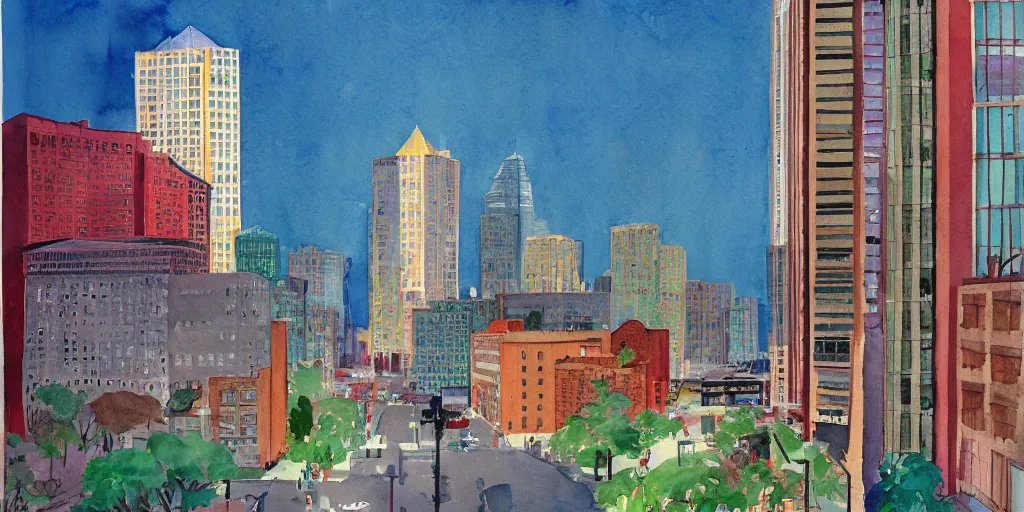 Prompt: watercolor, seattle city by david hockney