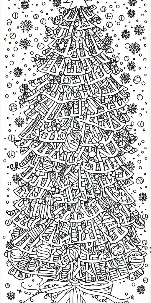 Image similar to black and white coloring book page of christmas trees, christmas decorations and candy canes