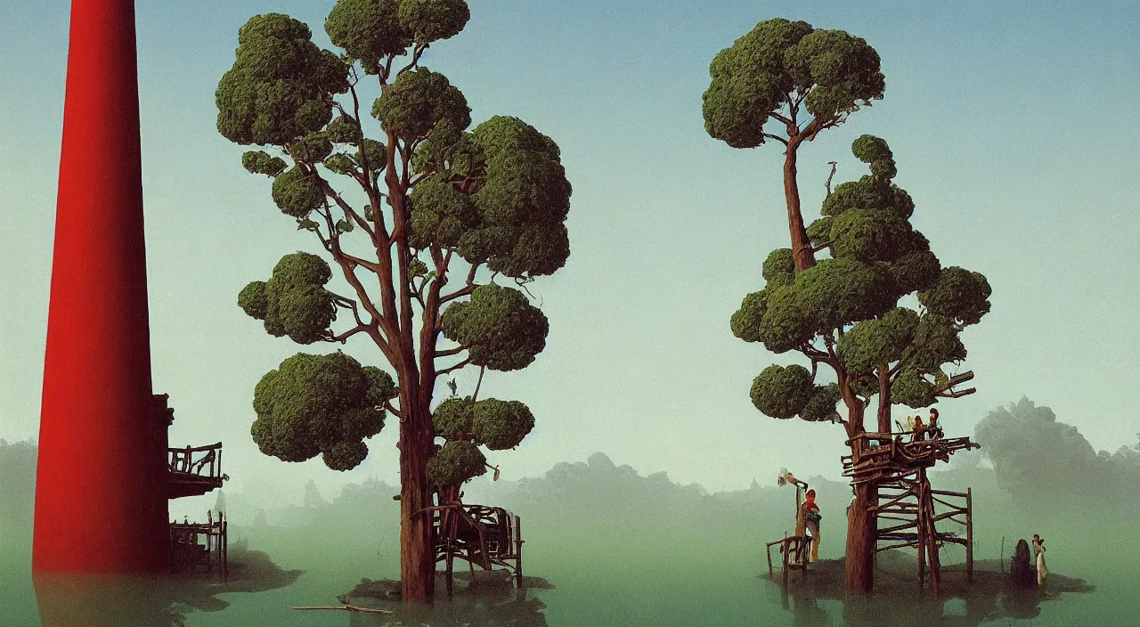 Image similar to single flooded simple wooden tree tower!, very coherent and colorful high contrast!! masterpiece by rene magritte simon stalenhag carl spitzweg syd mead norman rockwell edward hopper james gilleard, minimalist, dark shadows, sunny day, hard lighting