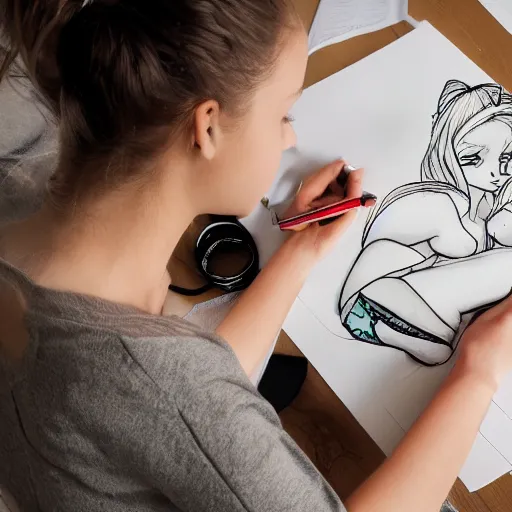 Prompt: high resolution photo of a girl with a lot of clothes drawing an image of a girl with less clothes drawing an images of a girl with less clothes drawing an image of a girl with less clothes