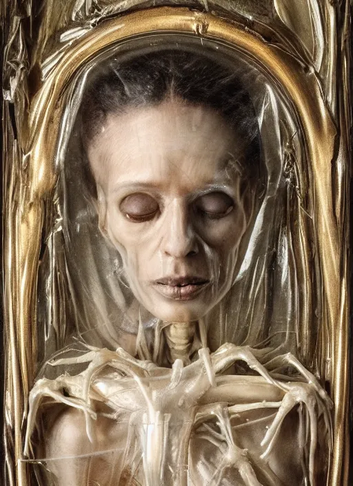 Prompt: la pieta ultrarealistic ultradetailed medium shot painting of slimy catholic veiled transparent maiden with transparent skin, skeleton still life, nerves, internal organs, greg rutkowski, peter gric, immerse, 1 9 th, special effects makeup, maximalist, glittering, gold, ivory, hyperreal, alphonse mucha, bride of frankenstein, hasselblad