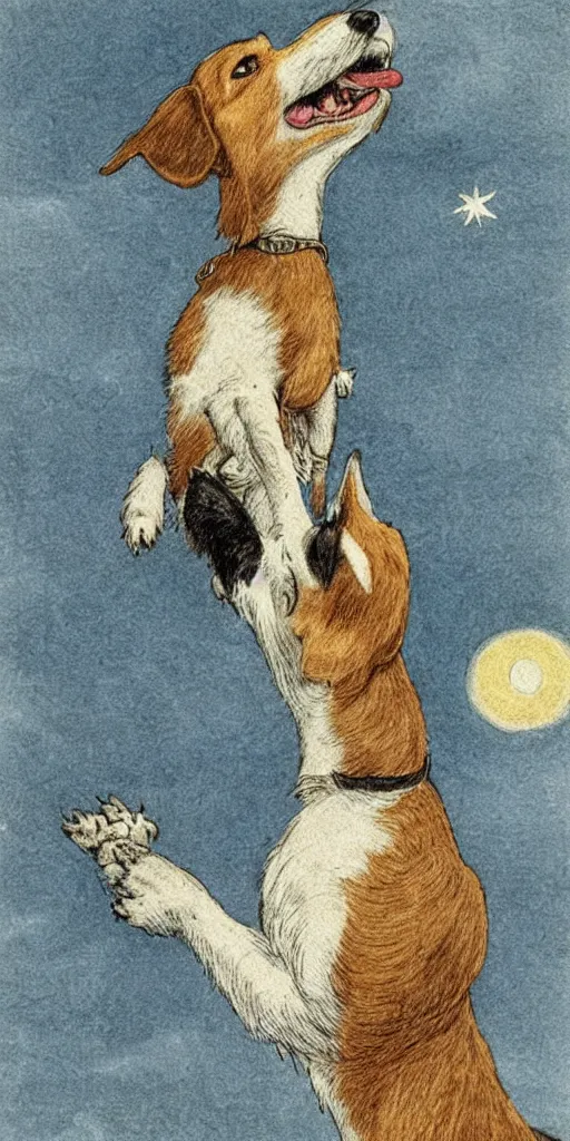 Image similar to jack russel dog looking up and howling with mouth open sad, night sky, highly detailed, side view, illustrated by peggy fortnum and beatrix potter and sir john tenniel