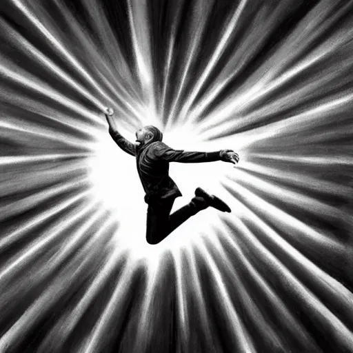 Prompt: a hyper realistic black and white pencil drawing of a man jumping through a mysterious portal