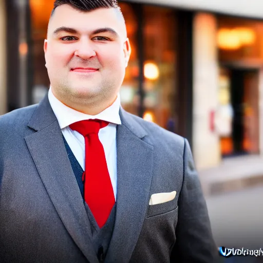 Image similar to Close up portrait of a clean-shaven chubby man wearing a brown suit and necktie with a bakery in the background. Photorealistic. Award winning. Dramatic lighting. Intricate details. UHD 8K. He looks very happy.