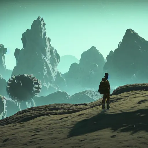 Image similar to nada and polo exploring alien world in no man's sky, 4 k photorealistic