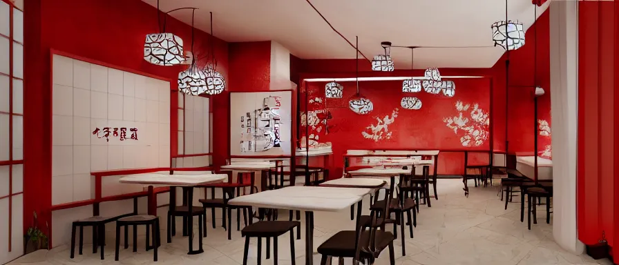 Image similar to a beautiful simple interior render of small roasted string hotpot restaurant restaurant yan'an, wall corner, from china, red paper wall and white tile floor, rectangle white porcelain table, fine simple delicate structure, chinese style, simple composition, simple style structure decoration design, victo ngai, 4 k hd