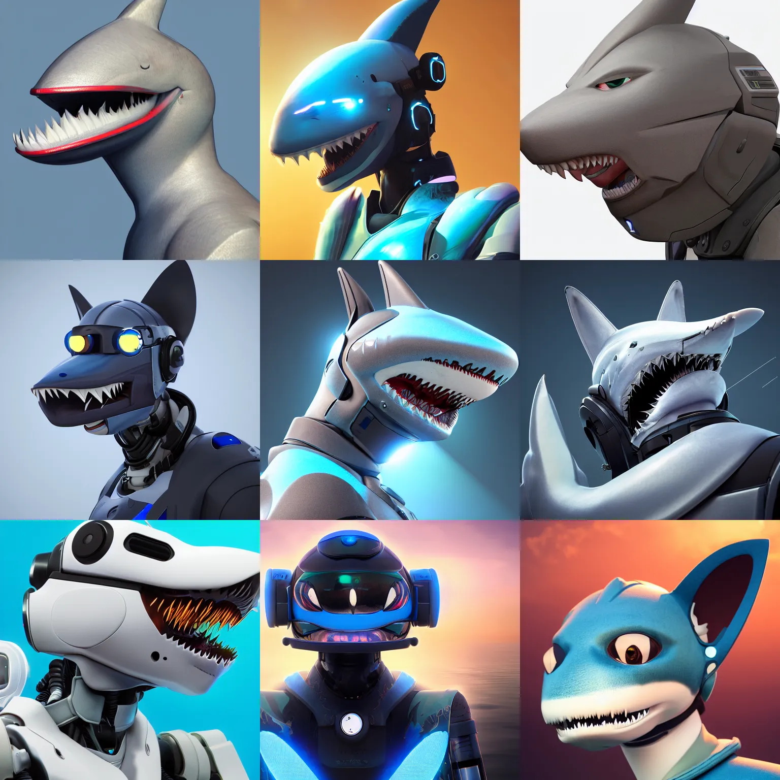 Prompt: very very beautiful furry art, bust profile picture of a robotic anthro shark, visor screen for face, truncated snout under visor, commission on furaffinity, cgsociety, octane render