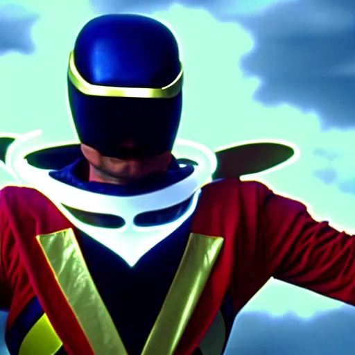 Image similar to mr. bean as powerranger. movie still. cinematic lighting.