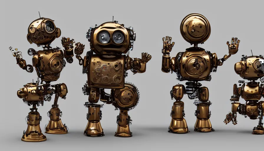 Image similar to two cute steampunk robots with human skin and large shiny eyes smiling and waving, isolated on white background, intricate details, 3D occlusion