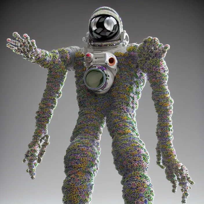 Image similar to a cybernetic symbiosis of a single astronaut mech-organic eva suit made of pearlescent wearing anodized thread knitted shiny ceramic multi colored yarn thread infected with kevlar,ferrofluid drips,carbon fiber,ceramic cracks,gaseous blob materials and diamond 3d fractal lace iridescent bubble 3d skin dotted covered with orb stalks of insectoid compound eye camera lenses orbs floats through the living room, film still from the movie directed by Denis Villeneuve with art direction by Salvador Dalí, wide lens,