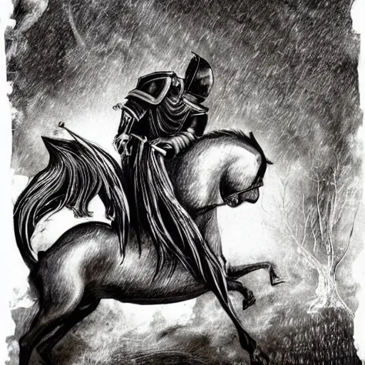 Image similar to a knight riding a shadow horse, knight's face is covered in black, rain, forest