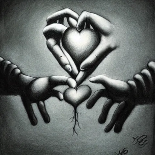 Prompt: drawing of hands ripping a heart into pieces, sadness, dark ambiance, concept by banksy, featured on deviantart, sots art, lyco art, artwork, photoillustration, poster art
