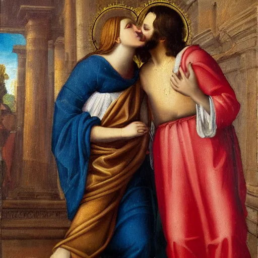 Image similar to an oil panting of a jesus kissing maria maddalena