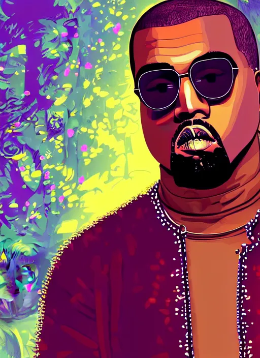 Prompt: portrait of kanye west sunglasses stars in the sky fairies with detailed faces enchanted forest on the ground psychedelic wide angle shot white background vector art illustration gears of war illustration gta 5 artwork of kanye west, in the style of gta 5 loading screen, by stephen bliss by hieronymus bosch and frank frazetta