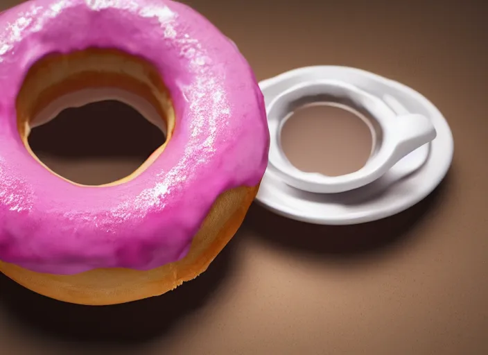 Prompt: A pink donut next to cup of coffee, blender render