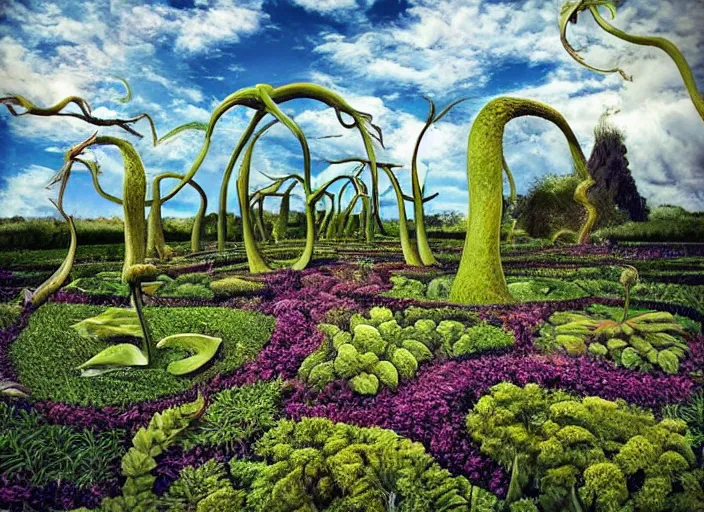 Prompt: surreal garden by dali, surreal plants by dali, surreal sky by dali, hypresurreal
