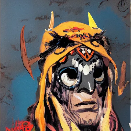 Prompt: painting of mobieus shaman wearing Raven mask comic cover art by ashley wood , 4K post processing