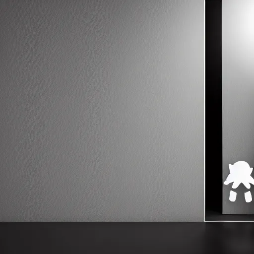 Image similar to cute fumo plush of a boy casting a long shadow from an open door, shadow and light, outline glow, lens flare, black and white, vray