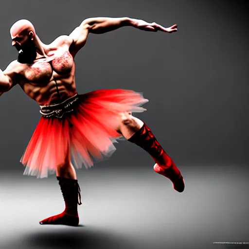 Image similar to kratos dancing ballet, wearing a tutu, ultra realistic, intricate details, highly detailed, photorealistic, octane render, 8 k, unreal engine.