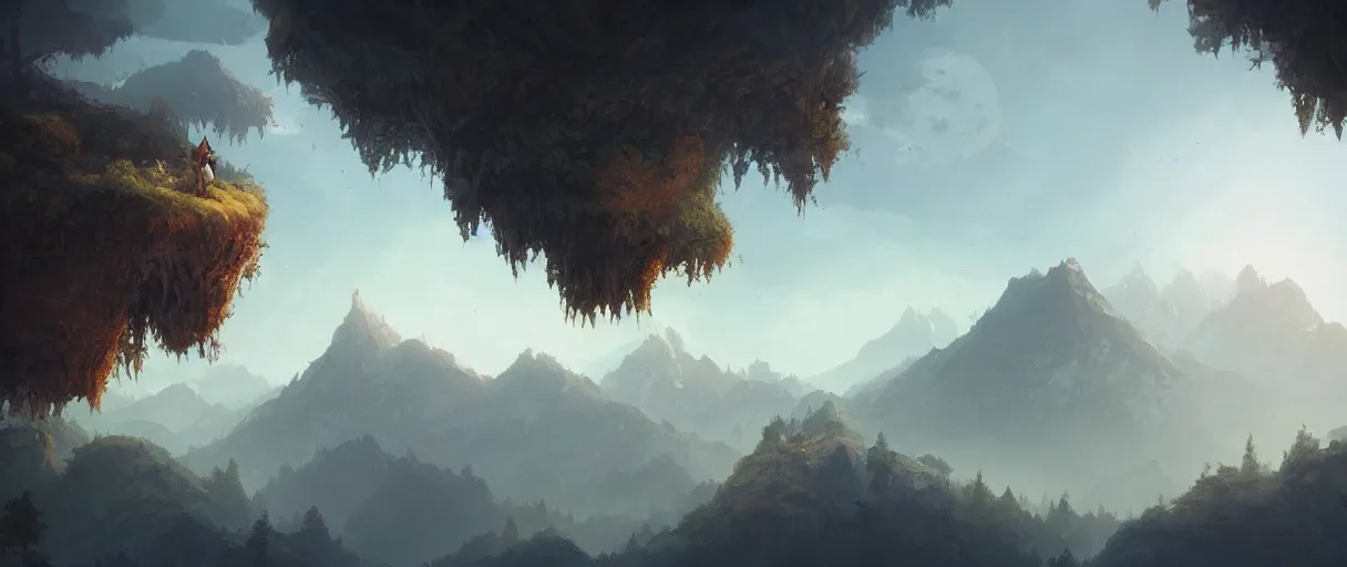 Image similar to floating islands over forest, mountains in background, concept art, low angle, cinematic, style of jordan grimmer