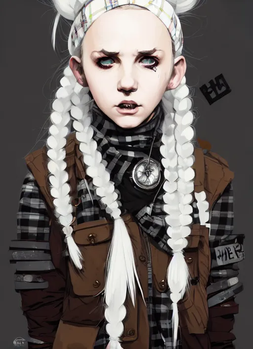 Prompt: highly detailed closeup portrait of a sewer punk swedish female road warrior student, tartan garment, blonde hair pigtails with headband by atey ghailan, by greg rutkowski, by greg tocchini, by james gilleard, by joe fenton, by kaethe butcher, gradient cyan, black, brown and white color scheme, grunge aesthetic!!! white graffiti tag wall background